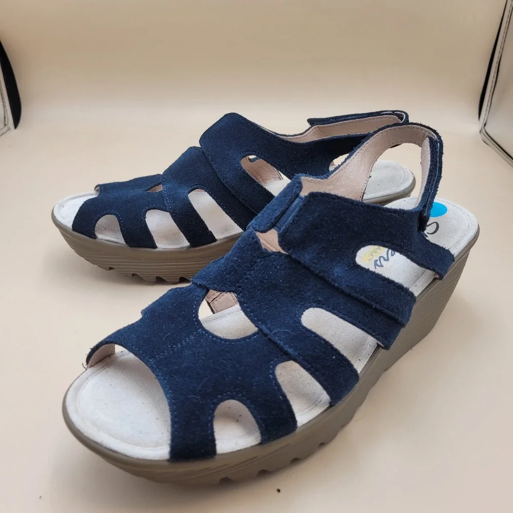 Skechers Navy Suede Wedge Slingback Sandals Womens 8.5M Strappy Memory Foam NWOT